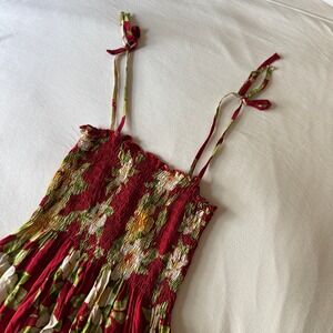 Avanti Hawaii Red Tropical Floral Smocked TieStrap Midi Dress S Retro Resortwear